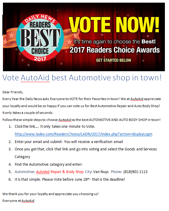 PLease Vote! Daily News 2017 Readers Poll for Best Automotive Repair and Body Shop